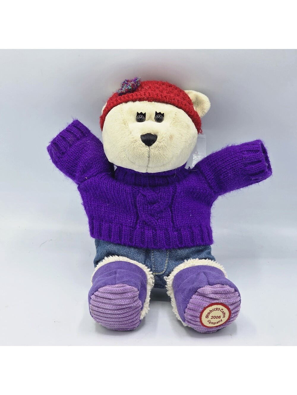 Starbucks Coffee 2006 Winter Bearista Bear w Purple Sweater & Crochet Cloche Hat